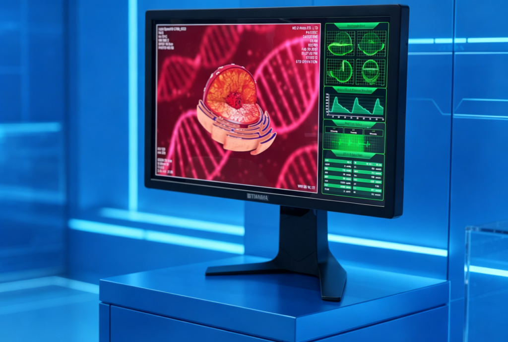 Medical-grade hybrid 2D/3D display showing high-resolution medical imaging content